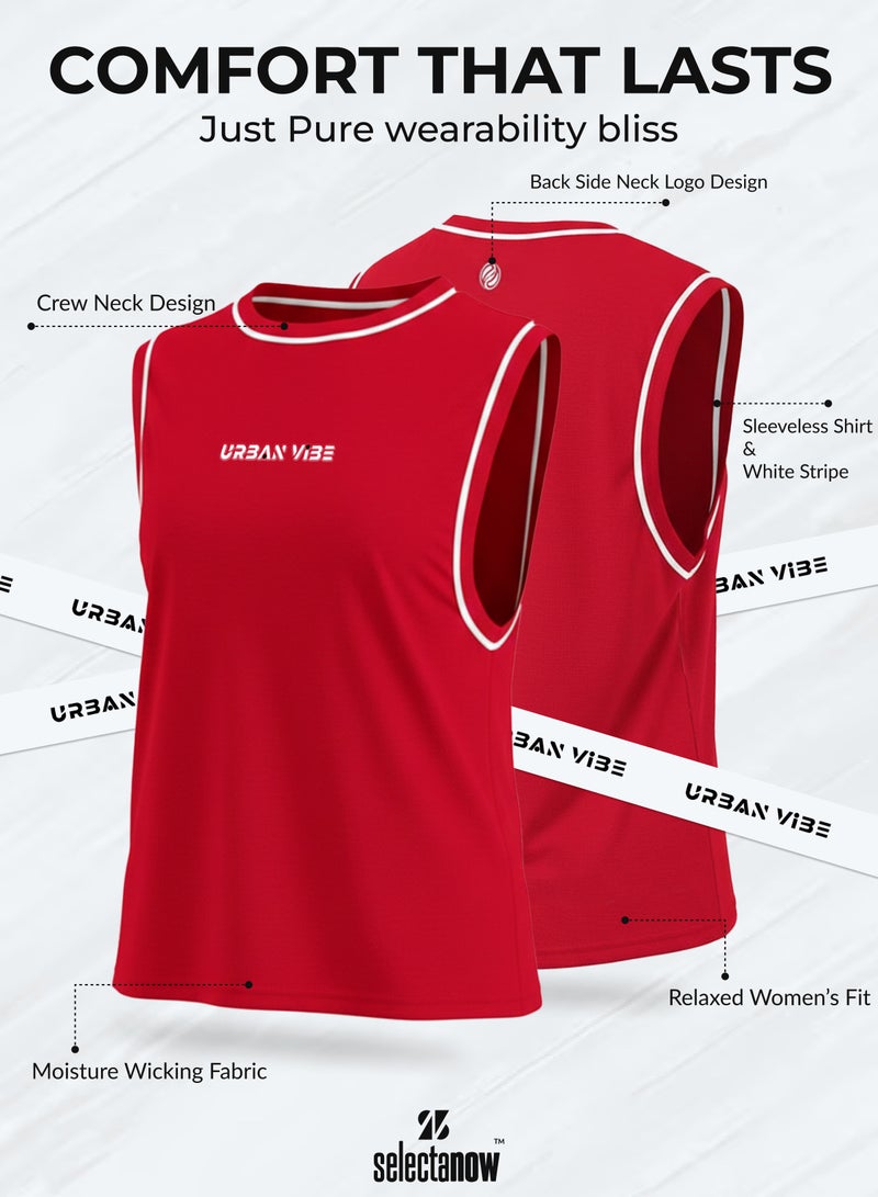 Selecta Now Ladies Sleeveless Cotton T-Shirt Red Breathable Contrast Piping Tank Top Soft Stretchable Women’s T Shirt - Image 3